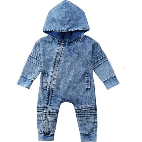 Baby Boy Fashion Hooded Denim Romper with Zipper 0-3Y Newborn Infant Toddler Autumn Casual Blue Long Sleeve Jumpsuit Outfits
