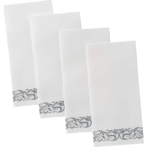 Disposable Linen-Feel Guest Towels - Decorative White Hand Towels, Silver Floral Cloth-Like Paper Napkins