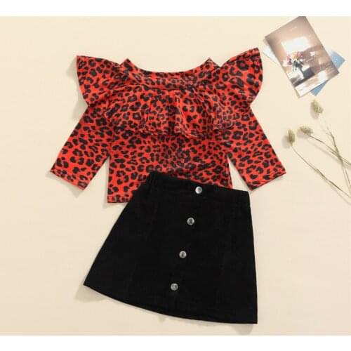 Baby Girls Autumn Clothes Leopard Print Long Sleeve Off-shoulder Tops+Solid Color Short A-line Skirt 2 Piece Set for 2-6 Years