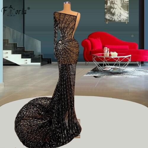 See Through One Shoulder Evening Dress 2021 Mermaid Black Beaded Crystals Sequins African Women Formal Gowns Robels Formales
