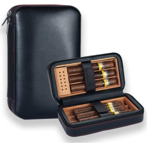 Travel Leather Cigar Case Cedar Wood Cigar Humidor Humidifier Portable Humidor Box For COHIBA Cuban Holds 6 Zigarren