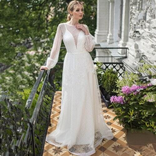 Romantic Lantern Sleeve Lace Tulle Wedding Dresses 2021 Sexy Deep V Back A Line Wedding Bridal Gowns Vestido De Noiva