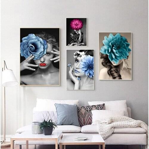 Scandinavian Flower Woman Wall Art Canvas Print Abstract Poster Painting Decoration Picture Nordic Living Room Decor