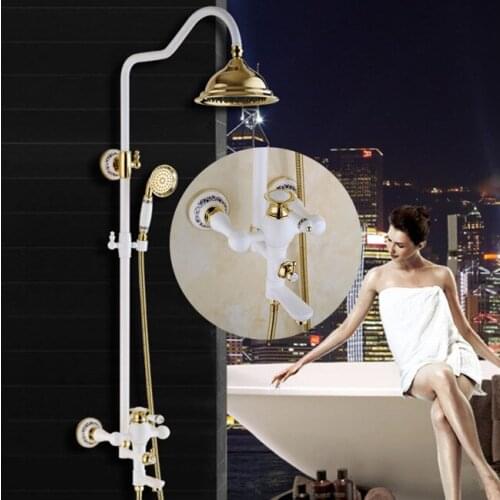 Vidric Bathtub Faucet Brass Golden White Paint Bathroom Shower Faucet Wall Mount Round Rainfall Shower Head Handheld Bath Tap