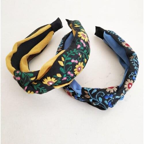Knitting Flower Headband Bandanas For Women National Style Fashion Printing Colorful Embroidery Knot Headband Turban Wholesale