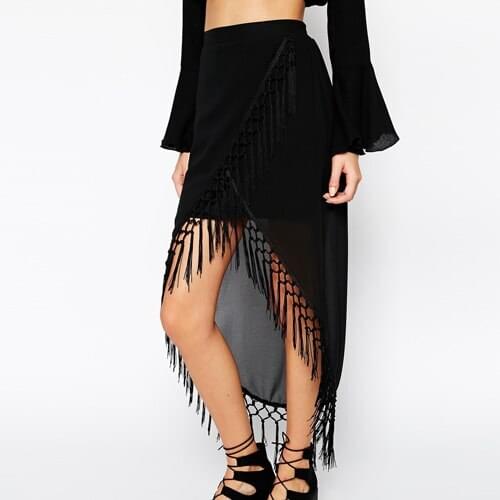 XS-XXL 6 Size Black Color Empire Dovetail Skirts 2020 Summer European Style Women Skirt Tassel Chiffon Long Skirt for woman