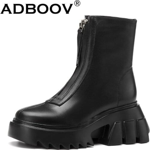 ADBOOV High Grade Front Zip Genuine Leather Ankle Boots Women Thick Sole Platform Boots Ladies Martins Chunky Shoes Women