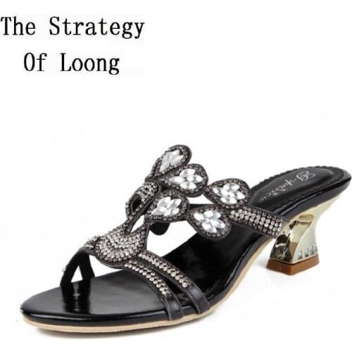 Peacock Feathers Rhinestones Open The Toe Women Slippers Thick Heels Crystal Real Leather Lady Plus Size Slides 20180713