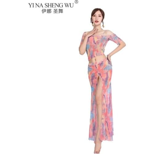 Belly Dance Suit New Female Sexy Short Sleeve Top Practice Clothing New Net Yarn Split Long Skirt Stage Performance Clothes Suit