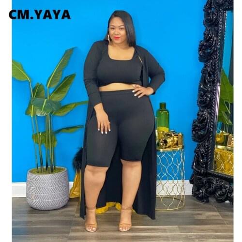 CM.YAYA Women Plus Size Set Solid Crop Tanks Tops Full Sleeve X-long Cloak Stretchy Shots Three 3 Piece Set Casual Outfit Summer