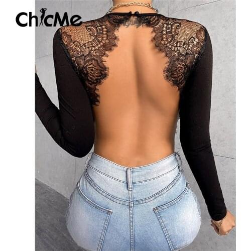 Chicme Women Eyelash Lace Backless Bodysuit Long Sleeve Sexy Open Back Sheer Mesh Bodysuit Women Black Bodysuit Fall Clothing