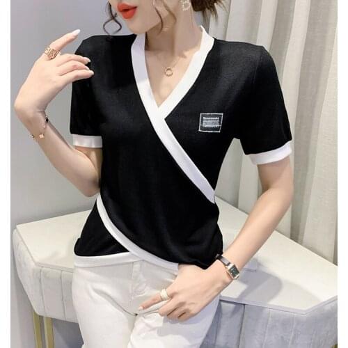 2021 Europe short Sleeve Womens Tshirt Casual Splicing Fashion Crop Top T Shirt Ladies Fashion Tee Shirt summer plus size