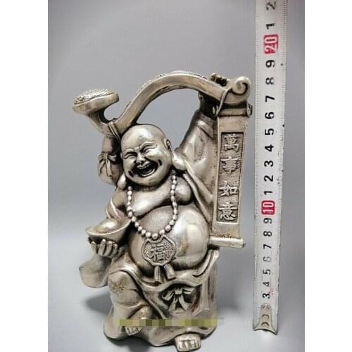 7.28"Collection Chinese copper silvering Handmade Maitreya Buddha ruyi statue