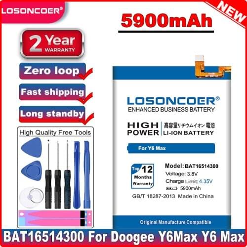 LOSONCOER 5900mAh BAT16514300 Battery For Doogee Y6Max Y6 Max Good Quality Smart Phone Batteries+Gift tools +stickers