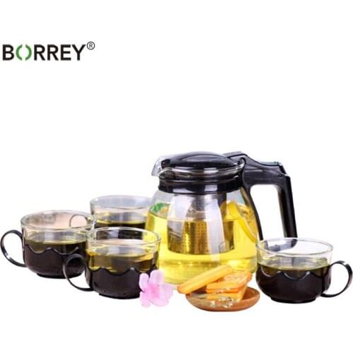 BORREY Pink Large Capacity Flower Tea pot Set Glass Transparent Cold kettle Cup Puer Teapot Office Home Tool With Filter Handle
