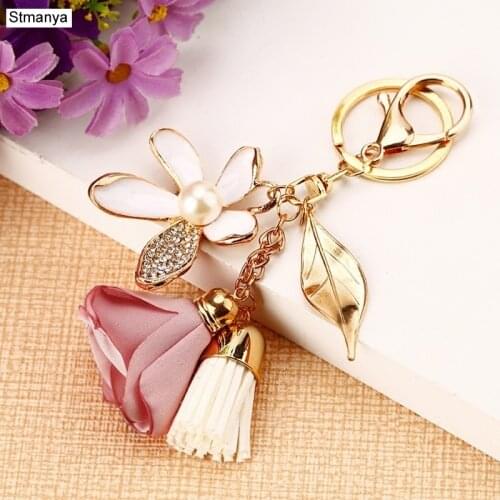 Cloth flower key Ring Chiffon tassel car key chains Lady couple bag New fashion charm flower keychain Party Gift K2029