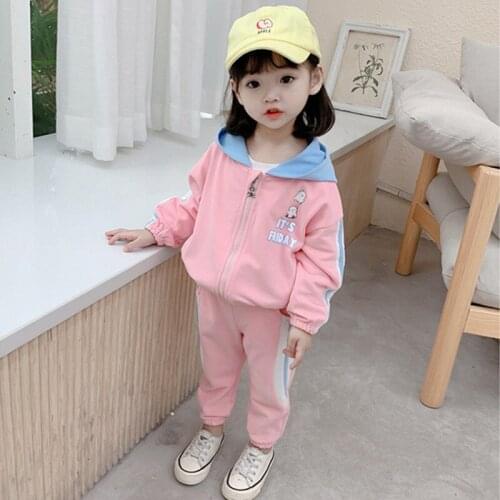 DFXD Kids Girl Sport Suits New Autumn Toddler Girls Clothing Sets Casual Pink Cartoon Bear Hooded Zipper Jacket Coat+Pant 1-7Yrs