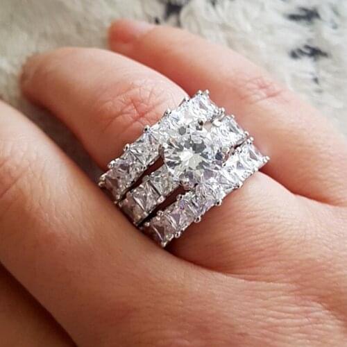 Handmade 3-in-1 Statement Ring sets 925 Sterling Silver Princess cut AAAAA cz Engagement Wedding Band Rings For Women Jewelry