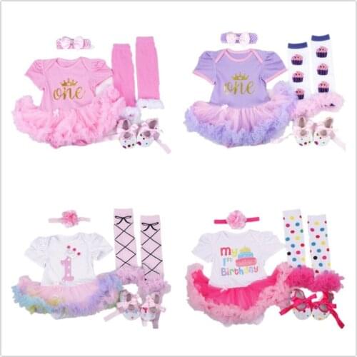 Lace Baby Girl Clothes 4 in 1 Sets Girls Tutu Dress Bodysuit Leg Warmer First Walker Headband 1st Birthday Costumes Infant Shirt