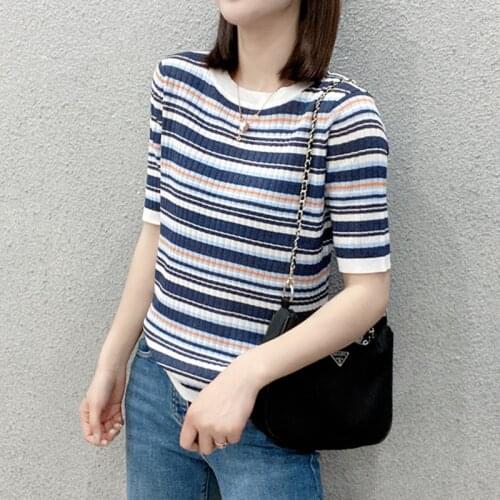 LJSXLS Summer Vintage Striped Pullovers Ladies Sweater Casual Knitting Short Sleeve Sweter Mujer Light Blue O-Neck Top Female