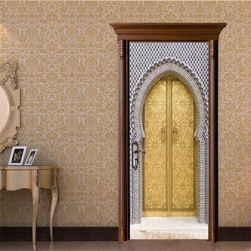 Muslim Gold Eid Door Sticker Decoration Wall Sticker Door Cover Porta Decor Mural Self Adhesive Waterproof DIY Vinyl Wallpaper