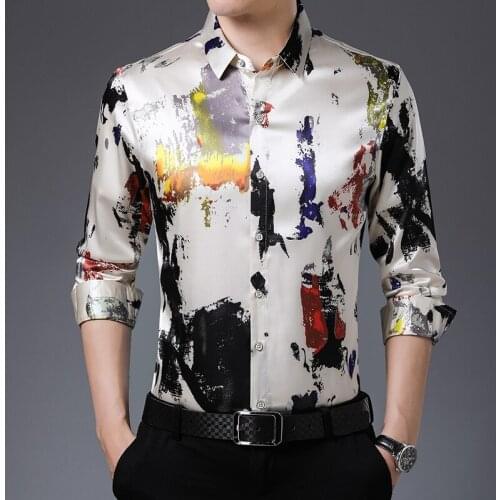 Man Silk Clothes Leisure Patchwork Colors Silk Shirts Long Sleeve Printing Soft Silk Dress