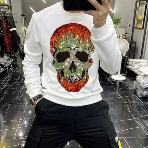 2021 New High Quality Skull Head Hot Drill Mens Hoodie Fashion Sweatshirt Keep Warm Oversized Hoody