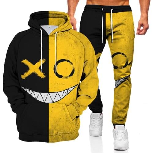 Mens hooded sweater autumn/winter 2021 new trend smiley face 3D printed hooded sweater casual sports suit two-piece suit