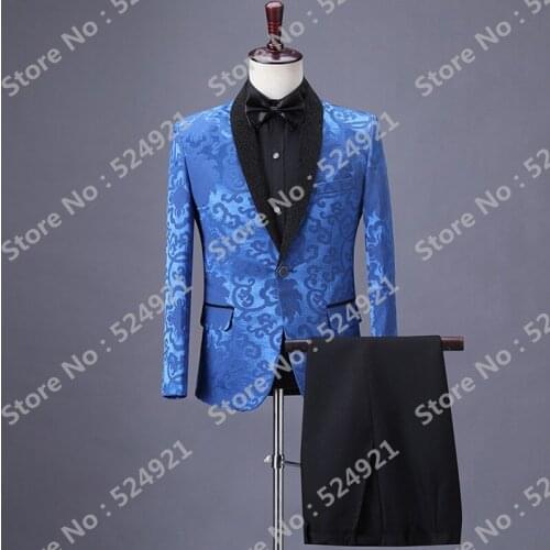 New Arrival Men Suits Blue Pattern and Black Groom Tuxedos Shawl Lapel Groomsmen Wedding Best Man ( Jacket+Pants+Tie ) C744