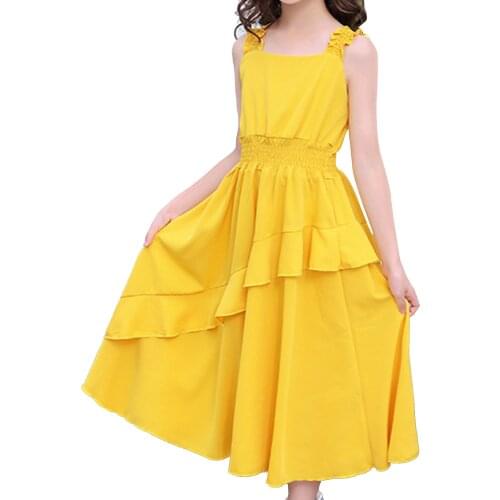 Oyolan Kids Girls Off Shoulder Maxi Dress Summer Holiday Style Chiffon Dress Sleeveless Layered Irregular Ruffle Hem Dress 2021