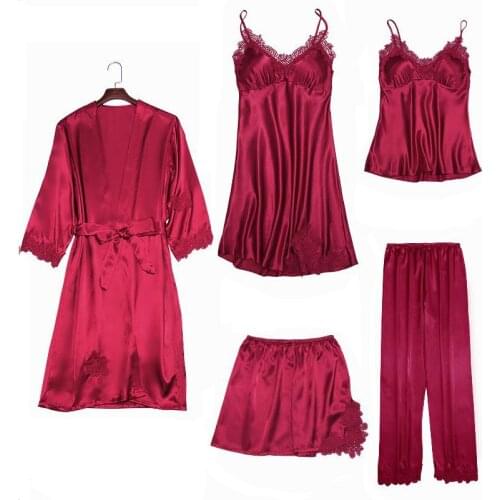 Sexy Womens Robe and Dress Set Lace Bathrobe + Evening Dress 5-Piece Pajamas Womens Sleep Set Rayon Robe Lingerie