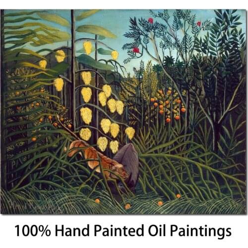 Modern painting for dining room Tropical Forest Battling Tiger and Buffalo Henri Rousseau High quality Hand painted