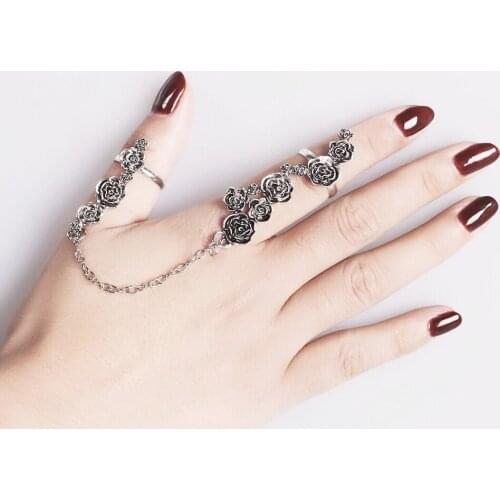 Vintage Elegant Rose Flower Open Ring Ethnic Carved Antique Silver Color Boho Slave Chain Mid Knuckle Charm Finger Rings