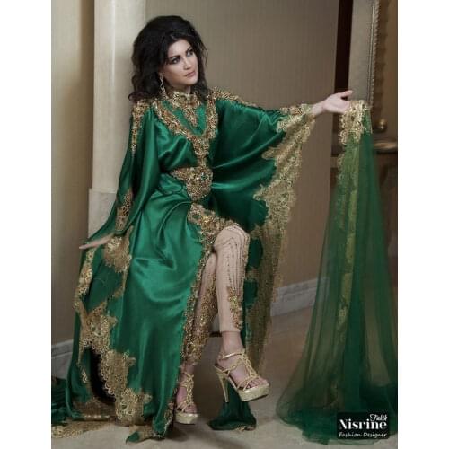 Vintage Green Arabic vestido de noiva Prom Long Sleeves Gold Applique Dubai Evening party Gown 2018 mother of the bride dresses
