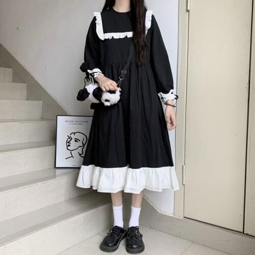 Japanese Long Sleeve round Neck Loose Waist Ruffles Dress fairy dress tea party lolita dress sweet lolita doll gothic lolita