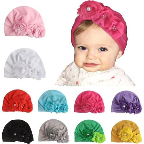 Yundfly Infant Beanie with Pearl Chiffon Flowers Cotton Blend Kont Hat Shower Gifts Baby Hair Accessories