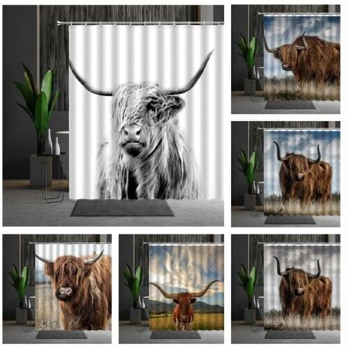 Highland Cow Shower Curtains Wild Animal Cattle 3D Printing Polyester Washable Home Bathroom Decor Set With Hooks Bath Curtain