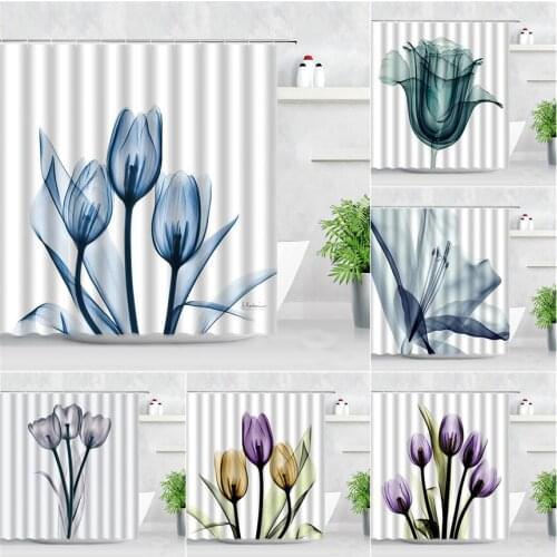 Floral Tulip Shower Curtain Set Blue Flowers Scenery Modern Simple Nordic Style Home Decor Screens Bathroom Curtains With Hooks