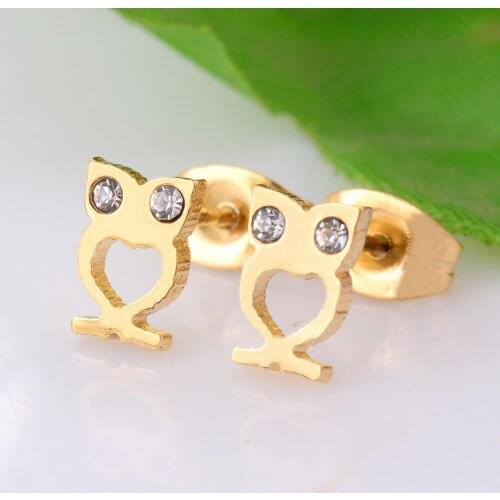 Gold Color Owl Stainless Steel With Crystal Women Stud Earring Never Fade 012