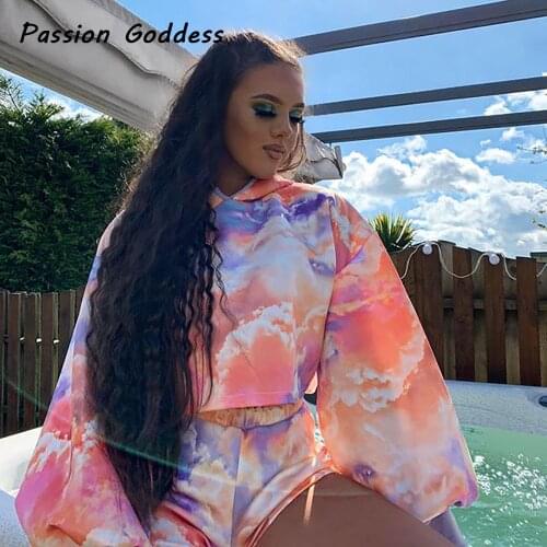 Tie-dye Printed 2 Piece Sweatsuits Casual Sets Women Loose Hooded Sweatshirts High Waist Shorts Suits Joggers Two Piece Outfits
