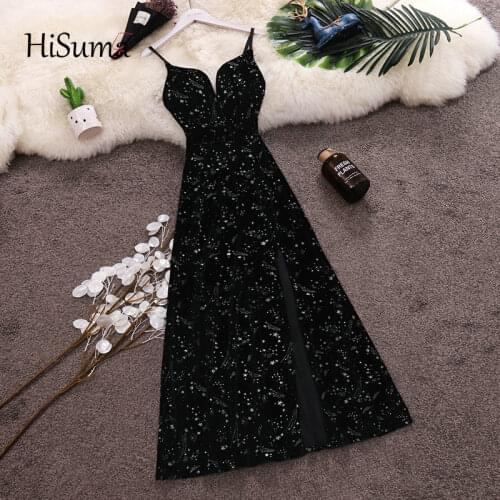 2021 spring new womens strap deep v-neck stars Sequins velvet dress female sling chic waist split A-line dresses