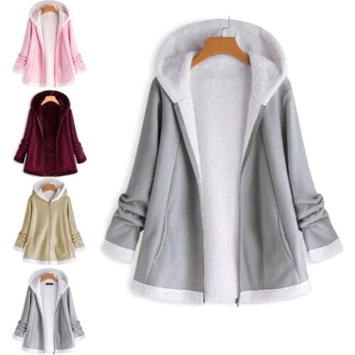 50% Hot Sales Casual Women Autumn Winter Solid Color Long Sleeve Zipper Warm Plushy Hooded Coat