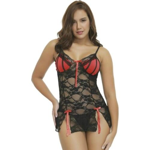 Women See Through Split Lace Dress Sexy Lingerie Transparent Pajama Set Erotic Thong Printed Fabric Backless Suspender Skirt