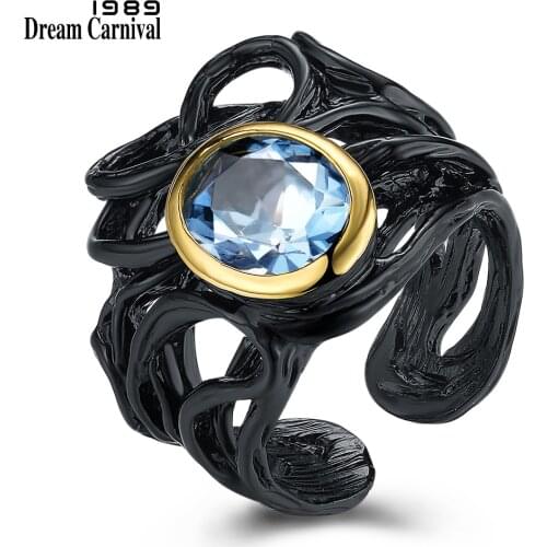DreamCarnival 1989 Neo-Gothic Sea Blue Oval Zirconia Vintage Ring for Women Black Gold Color Bague Femme Wholesales WA11488