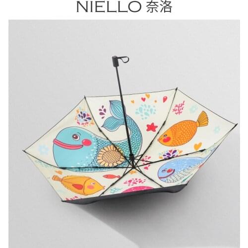 Niello Small Black Thick Vinyl Anti UV Sunshade Umbrella Female Ocean Fish Colorful Outdoor Umbrella Parasol Umbrella