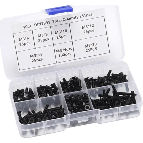 ABSF 251 Pcs Hex Socket Screw Nuts M3 Carbon Steel Full Thread Screws Bolt Assortment Kit, Cap Head / Sink Head / Flat Head