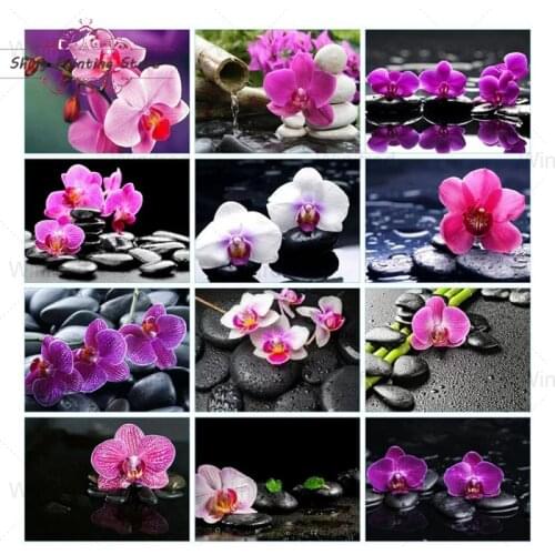 5D DIY Diamond Painting Stones and Orchids Flower Diamond Art Mosaic Diamond Embroidery Modern Home Decoration Handmade Mural