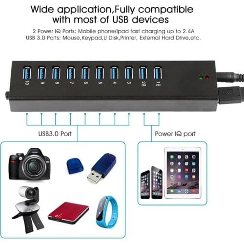 Aluminium 10 Port Multiple Expander usb 3.0 hub Bюсб хаб 12V Power Adapter for PC