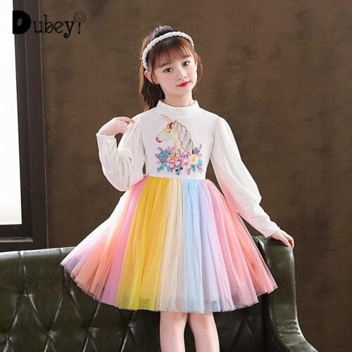 Girls Velvet Embroidery Unicorn Dress Rainbow Tulle Long Sleeve Fall Winter Princess Dress Cosplay Party Dresses for Girls