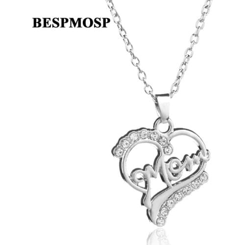 Bespmosp 24PCS/Lot Wholesale Hot "Mom' Heart Crystal Hollow Trendy Charm Pendant Chain Necklace Silver Plated Mothers Day Gift